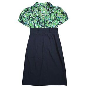 Bisou Bisou Size 8 Green Floral Sheath Dress Ruffle V Neck Work Midi.